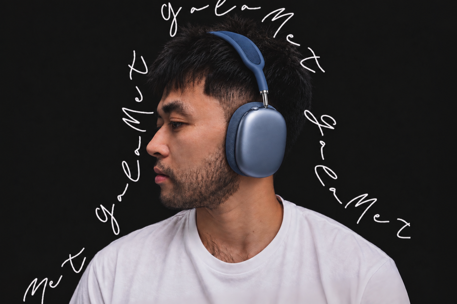 Zhi Luo wearing blue headphones, looking to the side