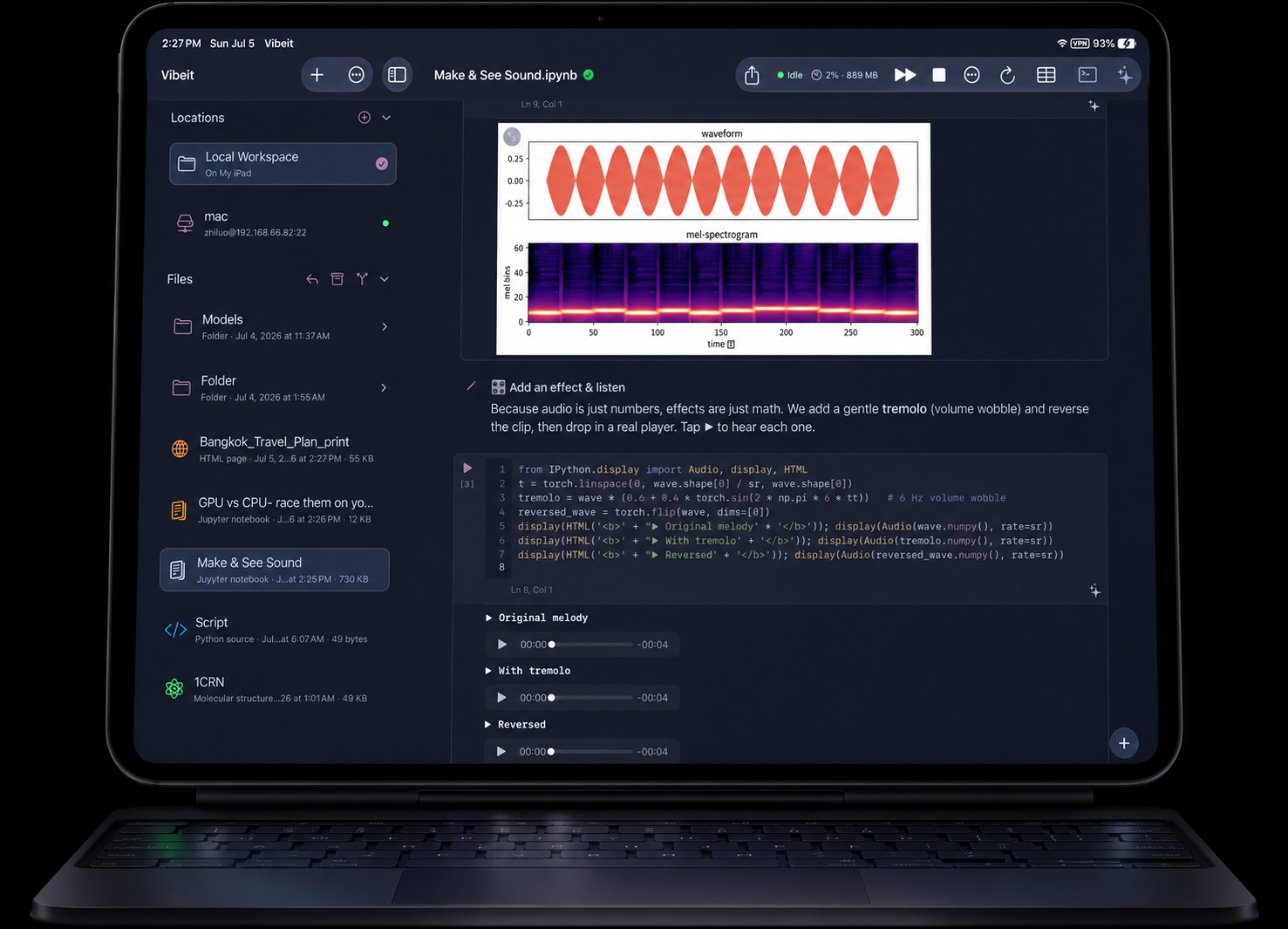 Vibeit running the Make & See Sound notebook on an iPad Pro with a Magic Keyboard, laptop-style